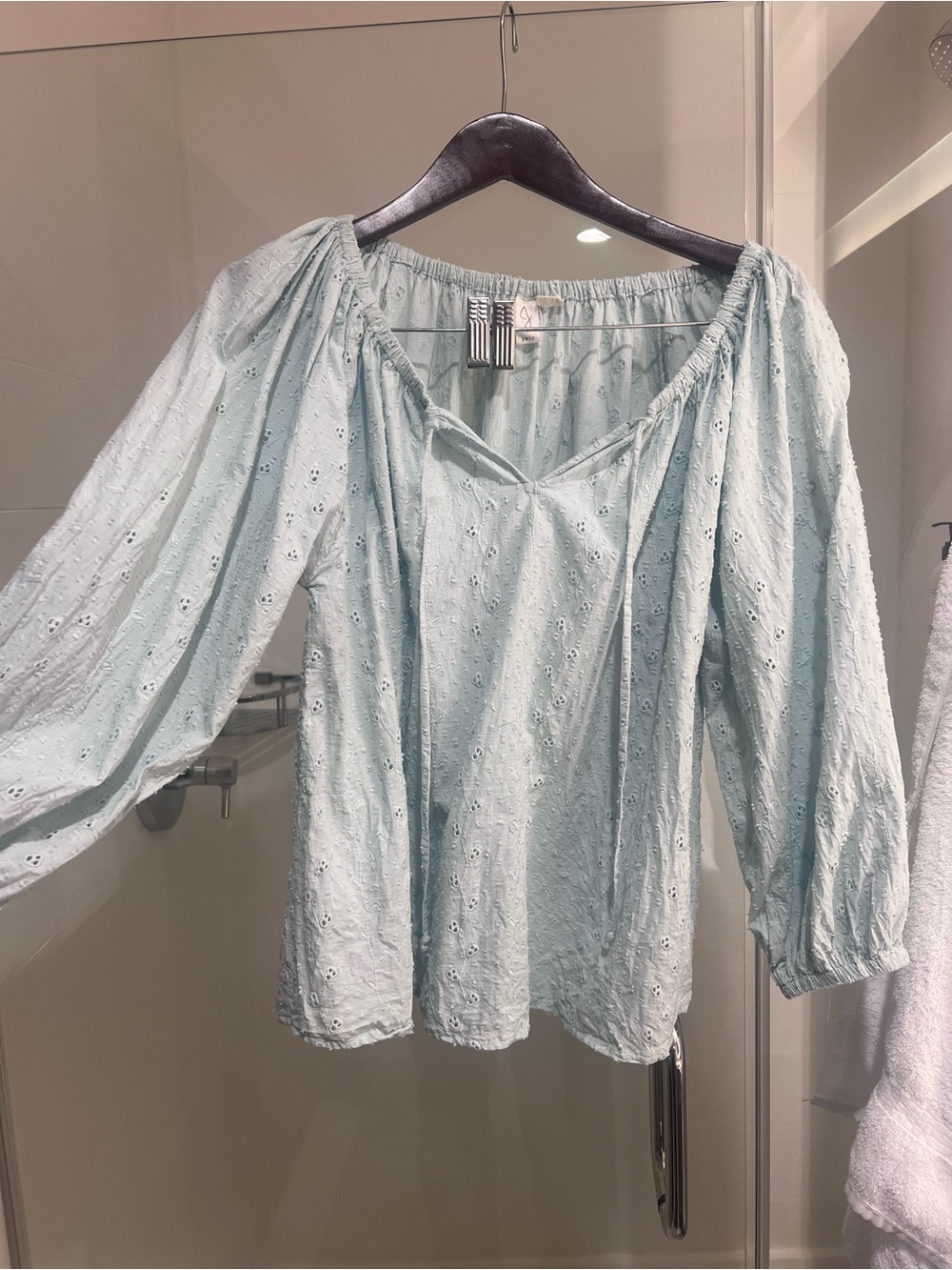 Joie Blue Gray Peasant Blouse Eyelet Balloon 3/4 balloon Sleeves women's size XL